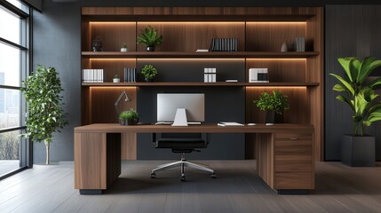 A modern document shelf made of dark wood, elegantly placed in a home office. It offers ample space to store files, books,