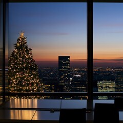 Large Christmas Tree Seen Through Modern Office Window