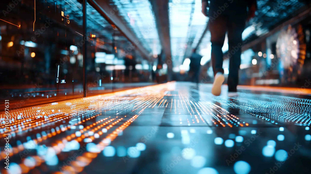 Poster futuristic walkway with ai-generated data patterns urban location digital art indoor environment per