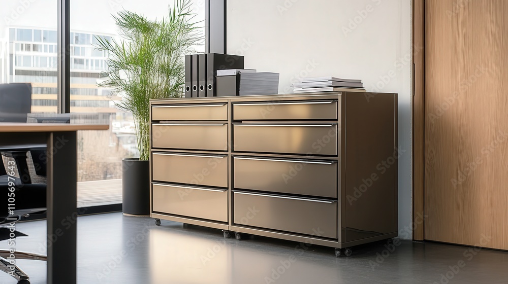 Poster a modern filing cabinet in a soft metallic finish, featuring multiple drawers with a soft-close mech