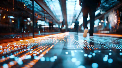 Futuristic walkway with ai-generated data patterns urban location digital art indoor environment perspective view technology concept