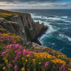 A jagged cliff overlooking the ocean, with vibrant wildflowers growing in the crevices.

