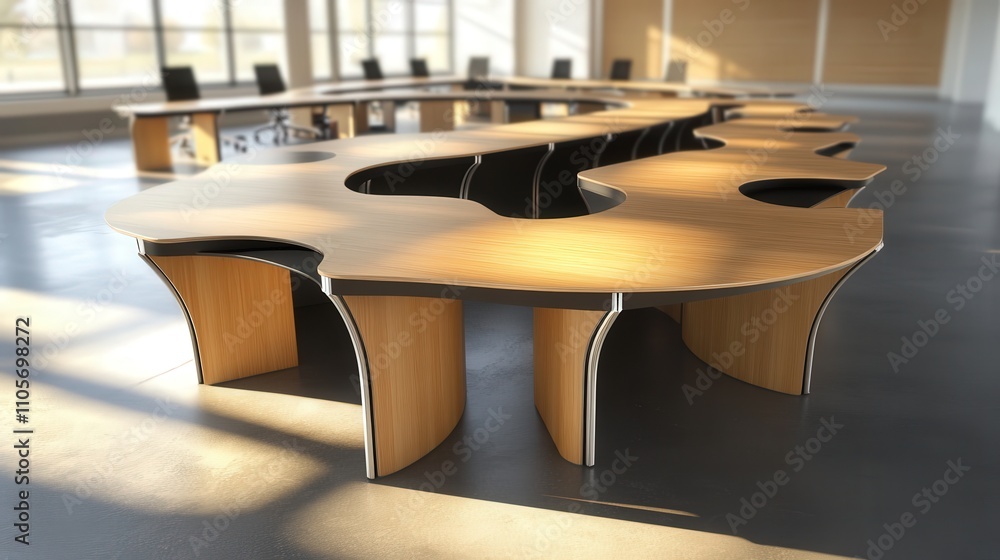 Poster a modular conference table with multiple components that can be rearranged to suit different meeting