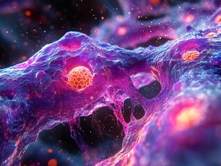 A vibrant microscopic view showcasing interconnected cells with glowing elements, depicting the complexity of biological structures.
