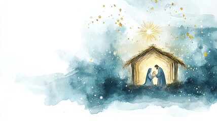 Watercolor illustration of baby Jesus in a manger, with Mary and Joseph by his side. A softly blurred Bethlehem and glowing star highlight the scene, with space below for a Christmas message.