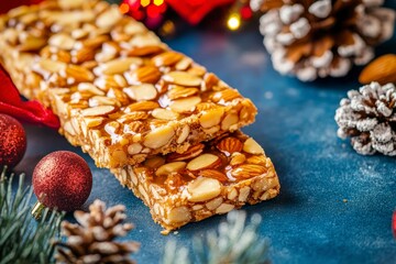 Fototapeta premium almond and nut bars with festive christmas background