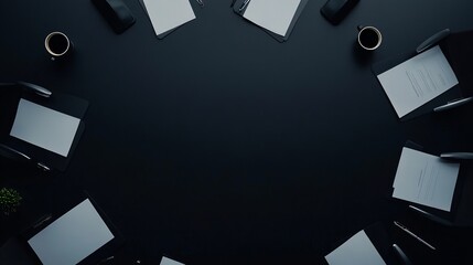 Overhead view of a conference table with documents and coffee cups arranged neatly around the perimeter, creating an open space in the center