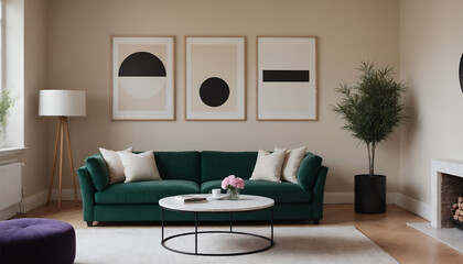 A modern living room with a dark cyan sofa against a soft colour wall featuring vertical poster frames in wooden frame borders 3d illustration template