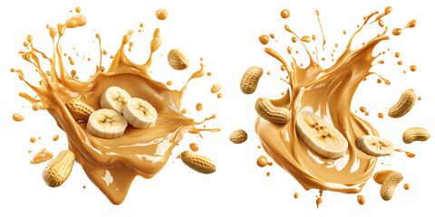 Peanut Butter Splash with Banana Slices and Peanuts in Motion, cutout, isolated on white background