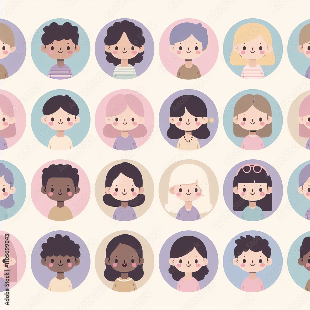 Aufkleber A vibrant array of cartoon characters displaying different hairstyles and smiles in colorful circular backgrounds.