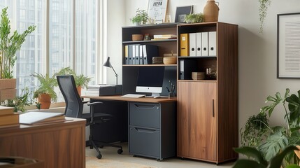A multi-functional filing cabinet with additional shelves on top, designed for both file storage and office supplies.