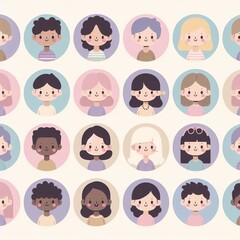 A vibrant array of cartoon characters displaying different hairstyles and smiles in colorful circular backgrounds.