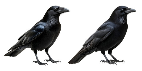 Obraz premium Pair of Black Crows with Shiny Feathers in Standing and Profile Poses, cutout, isolated on white background