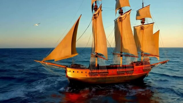Majestic Sailing Ship with Seagulls in Open Sea