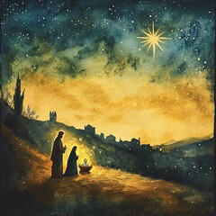Watercolor illustration of baby Jesus in a manger, with Mary and Joseph by his side. A softly blurred Bethlehem and glowing star highlight the scene, with space below for a Christmas message.