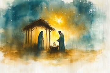 Watercolor illustration of baby Jesus in a manger, with Mary and Joseph by his side. A softly blurred Bethlehem and glowing star highlight the scene, with space below for a Christmas message.