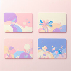 Four vibrant pastel pieces feature abstract floral and geometric shapes on a pink backdrop.