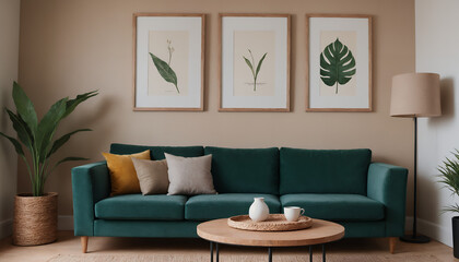 A modern living room with a dark cyan sofa against a soft colour wall featuring vertical poster frames in wooden frame borders 3d illustration template