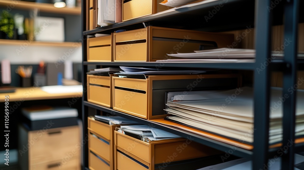 Poster a multi-tiered document shelf with open shelving and built-in file dividers, ideal for organizing pa