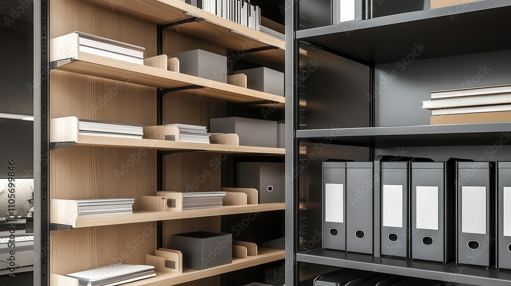 Poster a multi-tiered document shelf with open shelving and built-in file dividers, ideal for organizing pa
