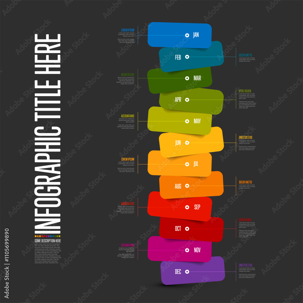 Poster whole year infographic template with stacked rainbow color blocks on dark background. fresh color bl