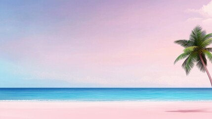 Fototapeta premium Tranquil Tropical Beach with Palm Tree and Turquoise Ocean Horizon at Sunset