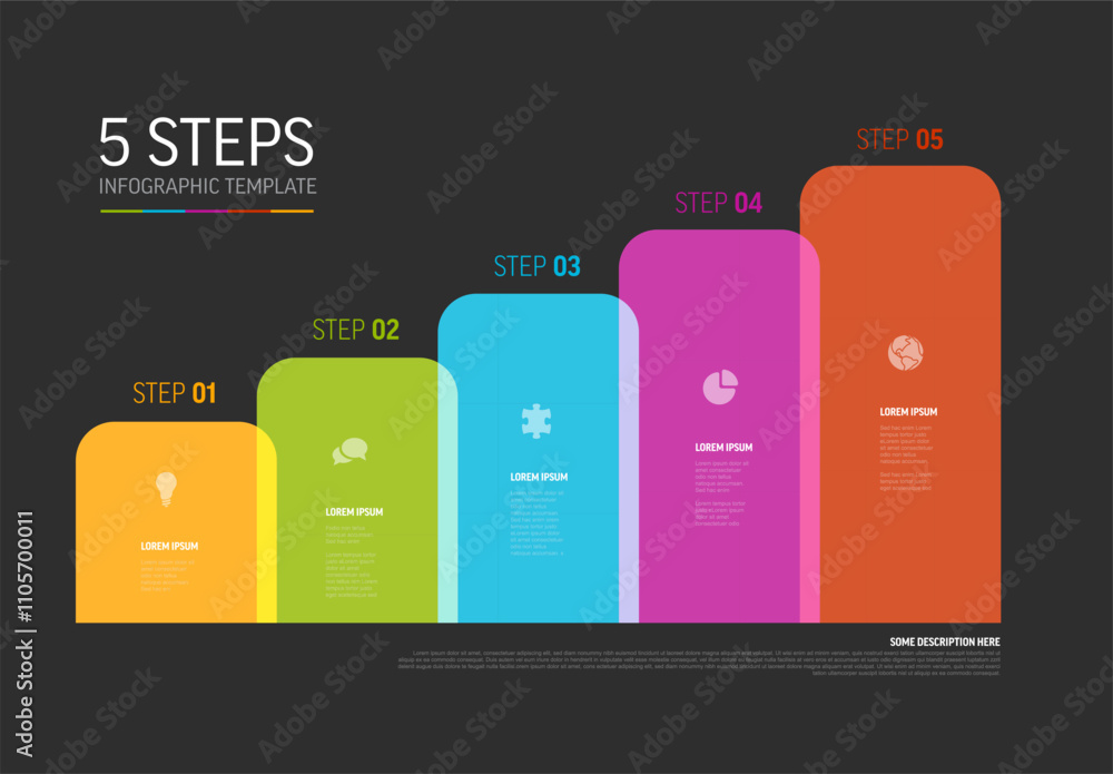 Poster multipurpose infographic template with five rainbow colors semi transparent block steps with descrip