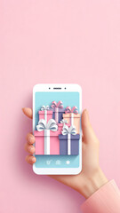 A hand holds a smartphone displaying vibrant gift boxes, set against a soft pink backdrop, suggesting a festive mood.