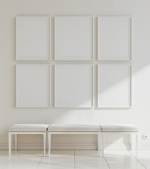 Minimalist interior with white empty frames and bench in a white room