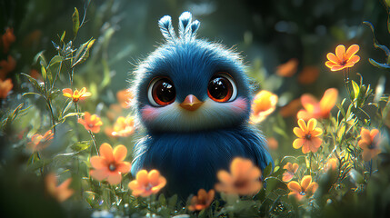 A cute blue bird with big eyes surrounded by vibrant flowers in a lush environment.
