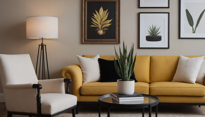 A modern living room with a yellow fabric sofa set against a soft colour wall featuring vertical poster frames in wooden frame borders 3d illustration mock-up template.