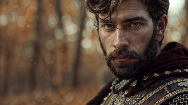 Intense close-up of a bearded, battle-hardened warrior with a stoic, determined expression and a striking gaze