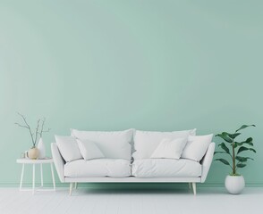 Minimalist living room with white couch and green wall