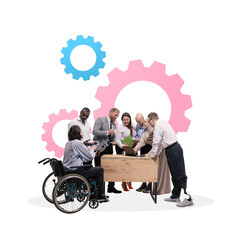 Teamwork. Diverse team, including individuals with disabilities, collaborating at wooden table with...