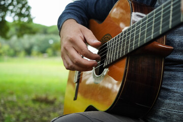Man Playing Guitar Outdoor in Green Park on Summer Day. Medium Shot