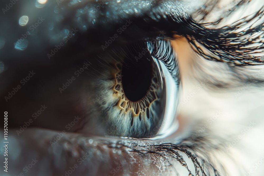 Poster A highly detailed macro shot of a human eye, showcasing the vibrant colors and intricate patterns in the iris and the reflection in the eye's surface.