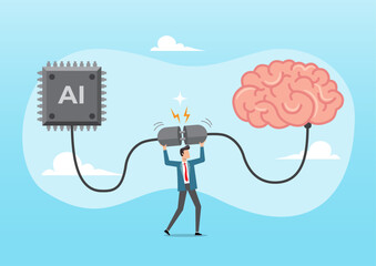 Businessman connect human brain with AI chip processing unit