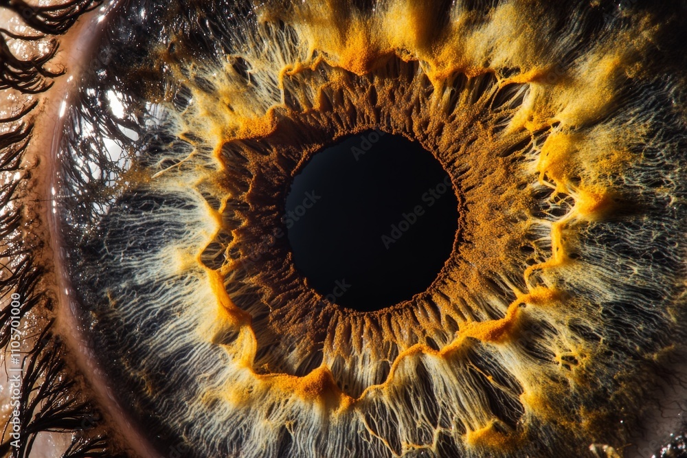 Poster a stunning macro photograph capturing the nuances of a human eye with vibrant orange tones, revealin