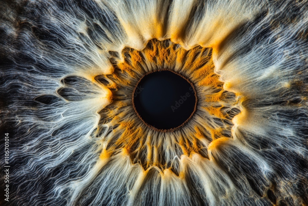 Poster this close-up image of an eye reveals blue and gold swirling patterns in the iris, highlighting its 