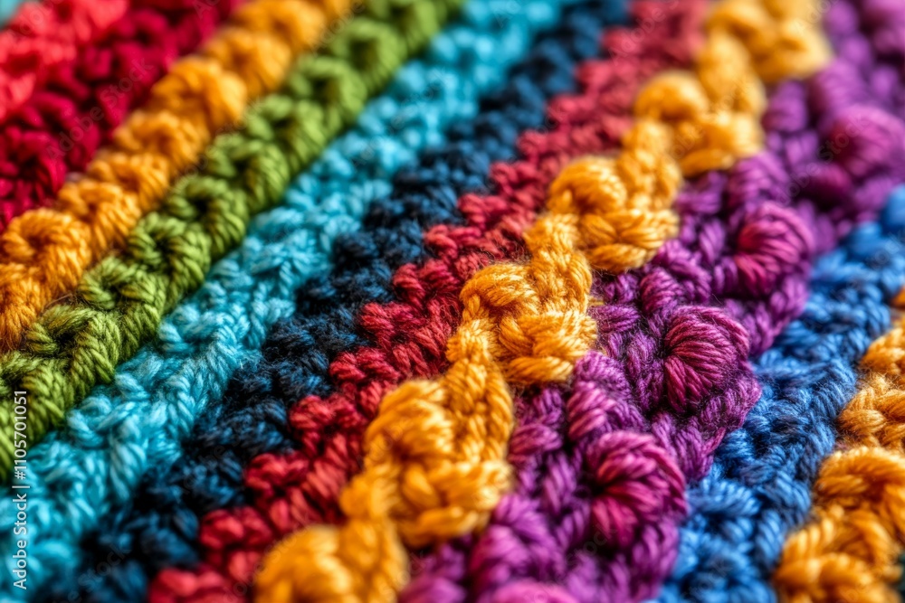 Poster a vibrant close-up presenting a multicolored crochet pattern, highlighting the intricate design and 