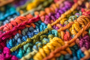 A close-up of colorful crochet art displaying vibrant textured fibers, showcasing the rich diversity of yarn colors and patterns reflecting creativity and warmth.