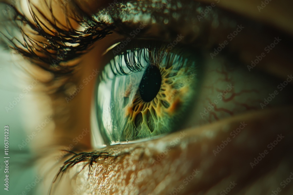 Poster a close-up image capturing the greenish-blue iris of a human eye with artistic lighting, emphasizing