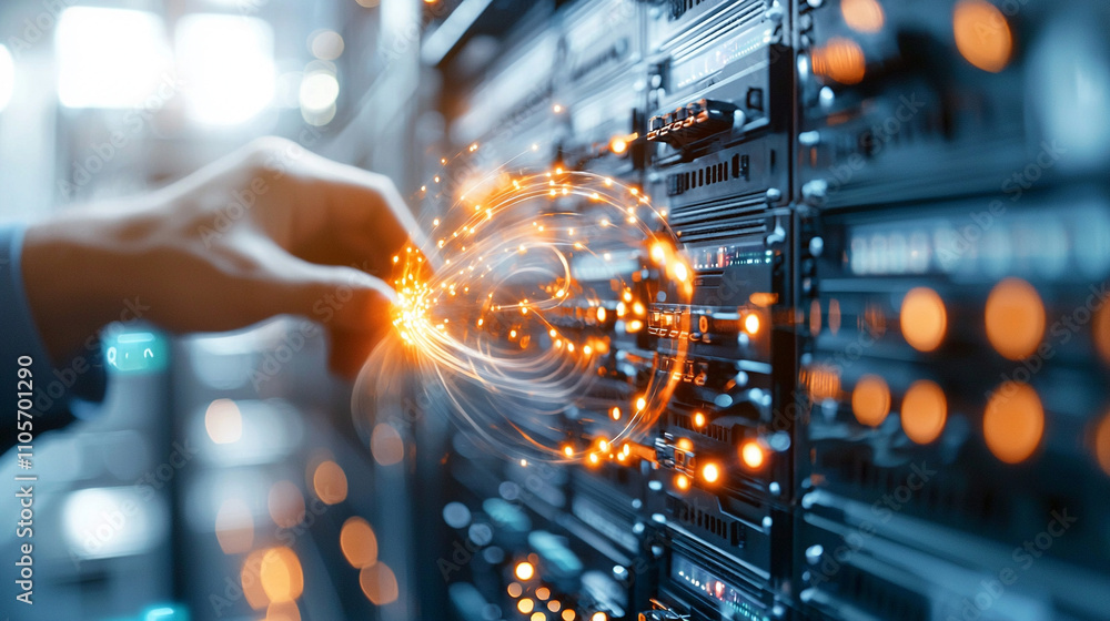 Poster ai generate data transfer action server room technology digital environment close-up viewpoint innov