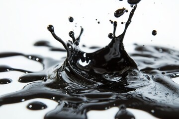 This close-up image focuses on the surface tension of a black liquid splash, with droplets scattering in various directions, evoking movement and creativity.