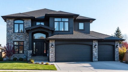 Modern two-story house dark grey exterior stone facade