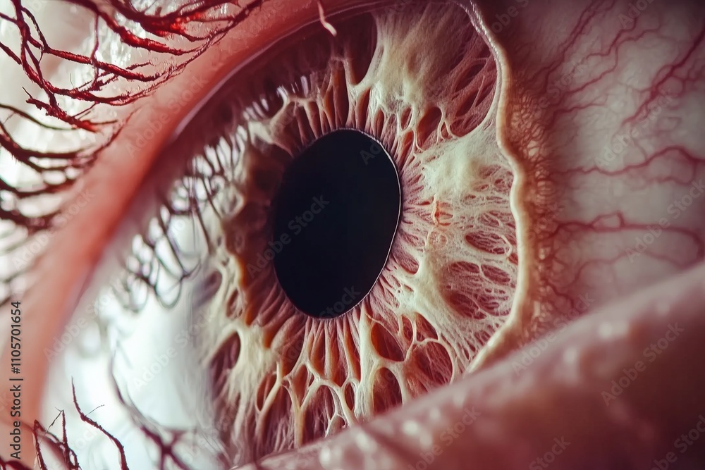 Poster A macro photograph depicting a human eye with vivid textural details and intricate patterns, showcasing the complexity and beauty of the human iris and pupil.