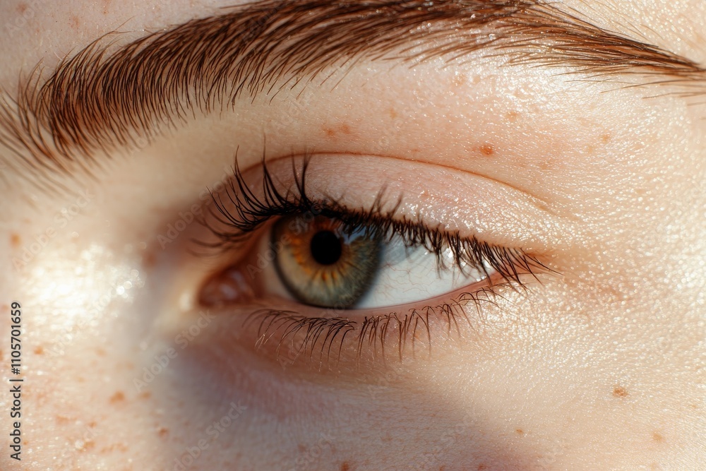 Poster a simple close-up on a human eye focusing on natural lashes and soft skin texture, the photo capture