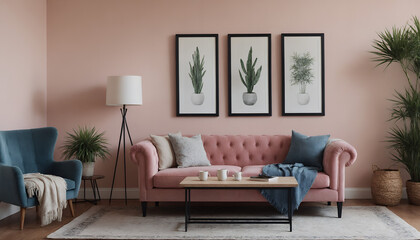 A modern living room with a pink fabric sofa against a soft colour wall featuring vertical poster frames in wooden frame borders 3d illustration template