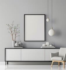 Obraz premium Minimalist living room interior with a white console. a gray armchair. and a blank frame mockup on the wall