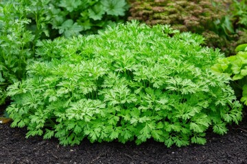 An image of green parsley plants thriving in a garden, showcasing lush foliage and healthy growth, perfect for culinary or gardening pursuits.